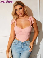 parthea backless boning corset top bow strap tie up ruched solid color low cut pads underwire tank top summer party pink bustier