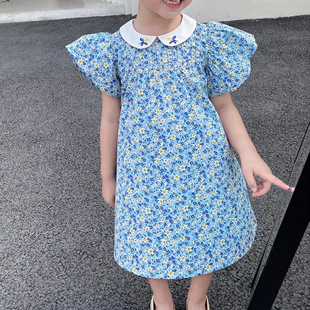 

VigoAnne летние платья с коротким рукавом для девочек 2022 корейский цветочный принт платье с воротником Питер Пэн детская одежда для девочек