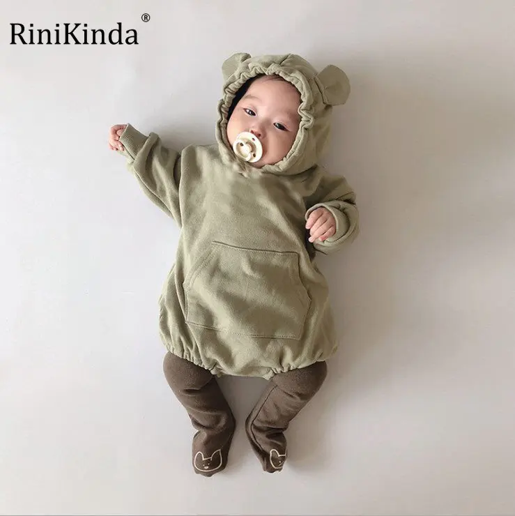 

RiniKinda 2023 Spring New Baby Clothes Solid Pocket Romper Baby Boy Girl Long Sleeve Hooded Jumpsuit For Newborn Playsuit