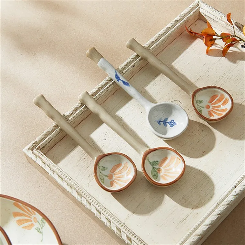 

Long Handle Spoon Stoneware Small Soup Spoons Ins Japanese Style Ceramic Spoon Household Cute Rice Cucharas Teaspoon Ustensiles