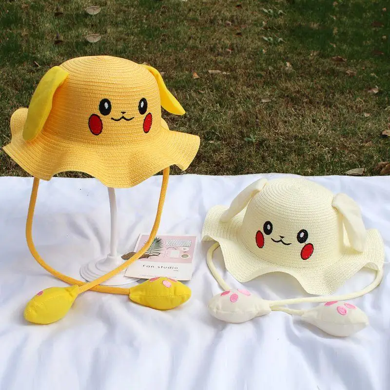 

Pokemon Pikachu A Hat with Moving Ears Straw Bucket Hat Kawaii Cartoon Parent-Child Basin Hat Sun Hat In Spring and Summer