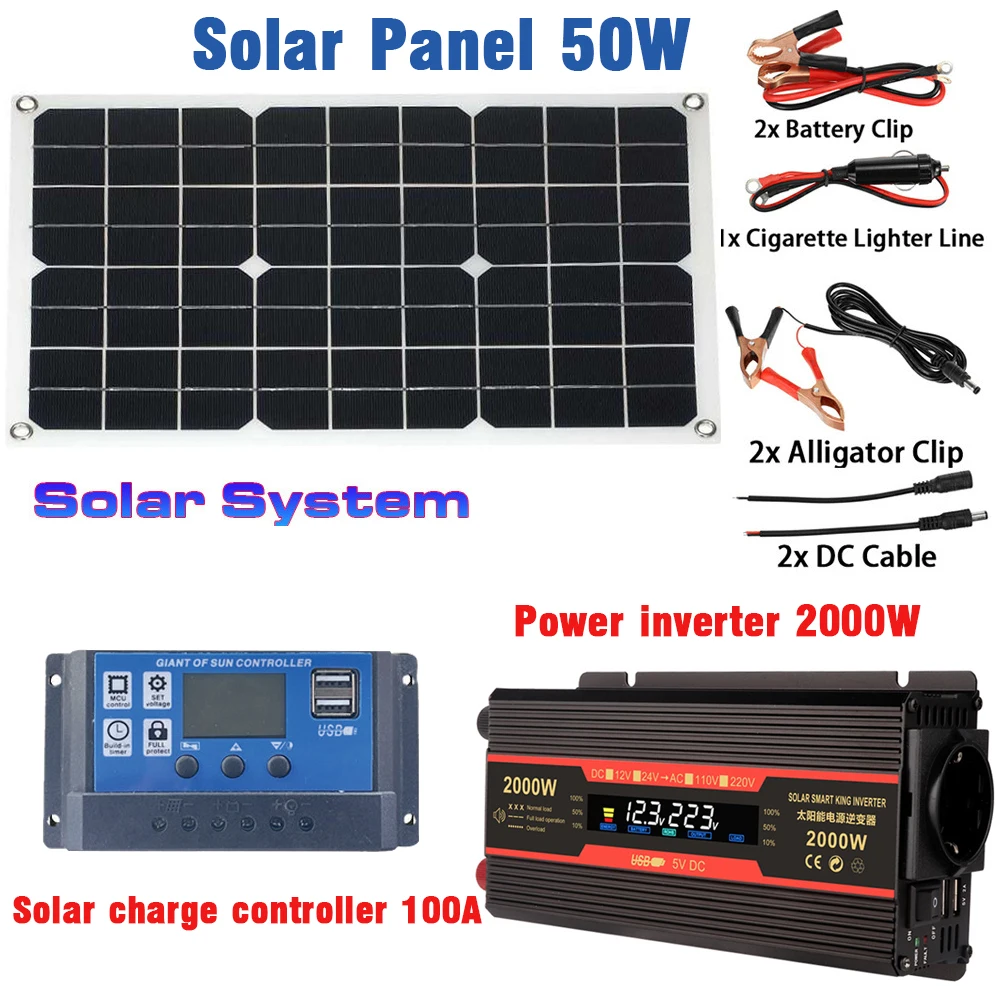 

Solar Power Generation System 2000W Power Inverter EU Dual USB 12V-220V 2000W Vehicle Solar Panel With 100A Controller Kit