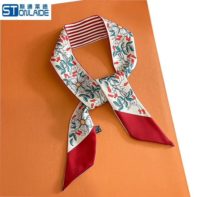 

2023 Double Printing Flowers Striped Hats Ribbon Imitation Twill Silk Neck Scarf For Women Narrow Joker Hair Bands Tied Bags