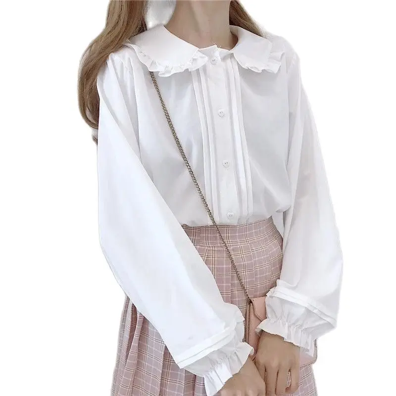 

2022 White Shirt Women Kawaii Peter Pan Collar Blouses Button Up Long Sleeve Cute Ruffle Tops Lolita Style Mori Girl Aesthetic