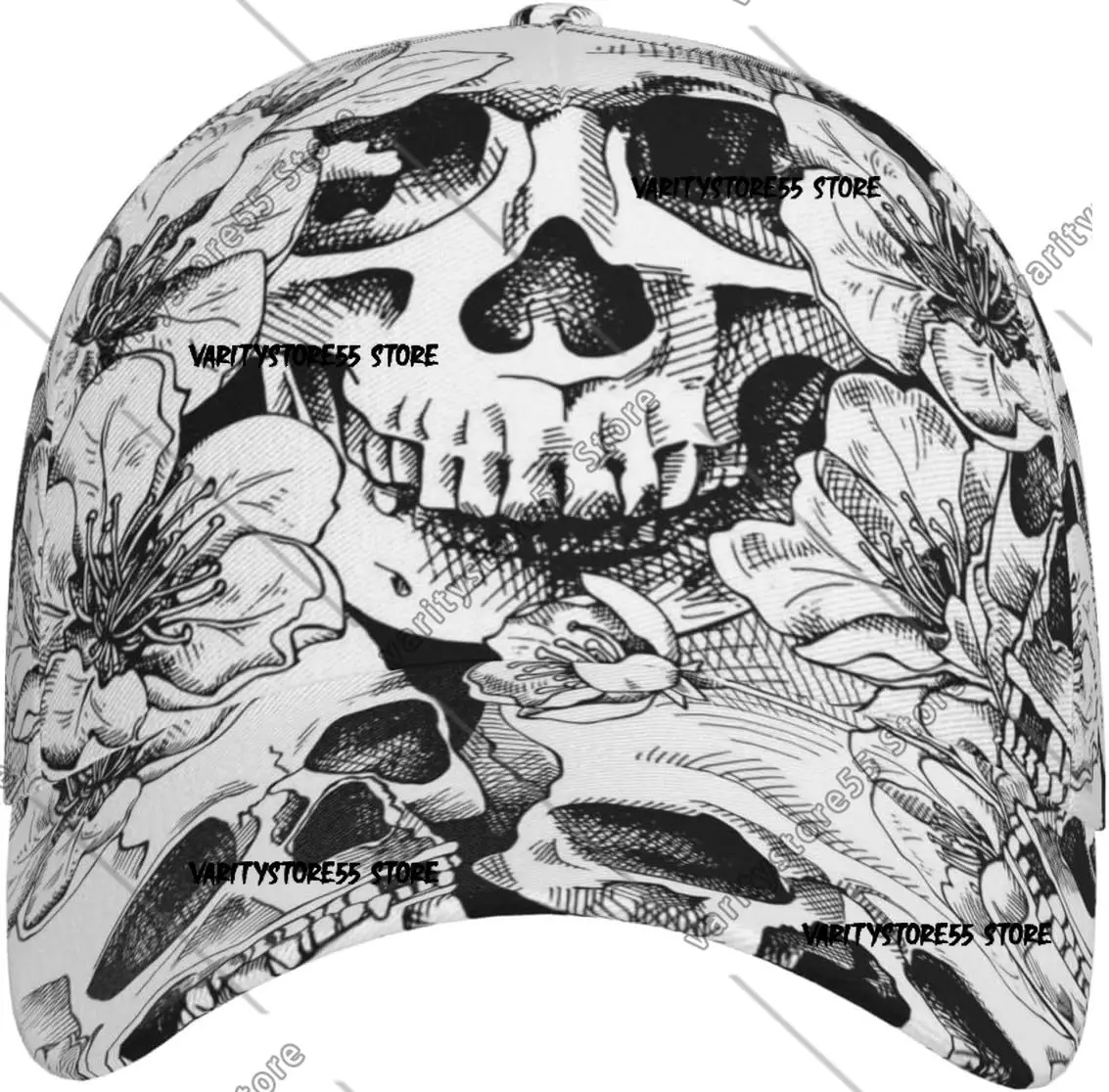 Фото Черно-белая модная бейсболка унисекс с черепом и цветком, шляпы Snapback, шляпа для папы, классическая регулируемая шляпа дальнобойщика для мужчин и женщин №2