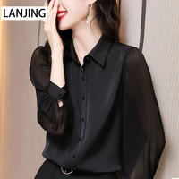 autumn black chiffon long sleeved acetate satin shirt womens new 2021 spring shirt vintage top chiffon solid regular