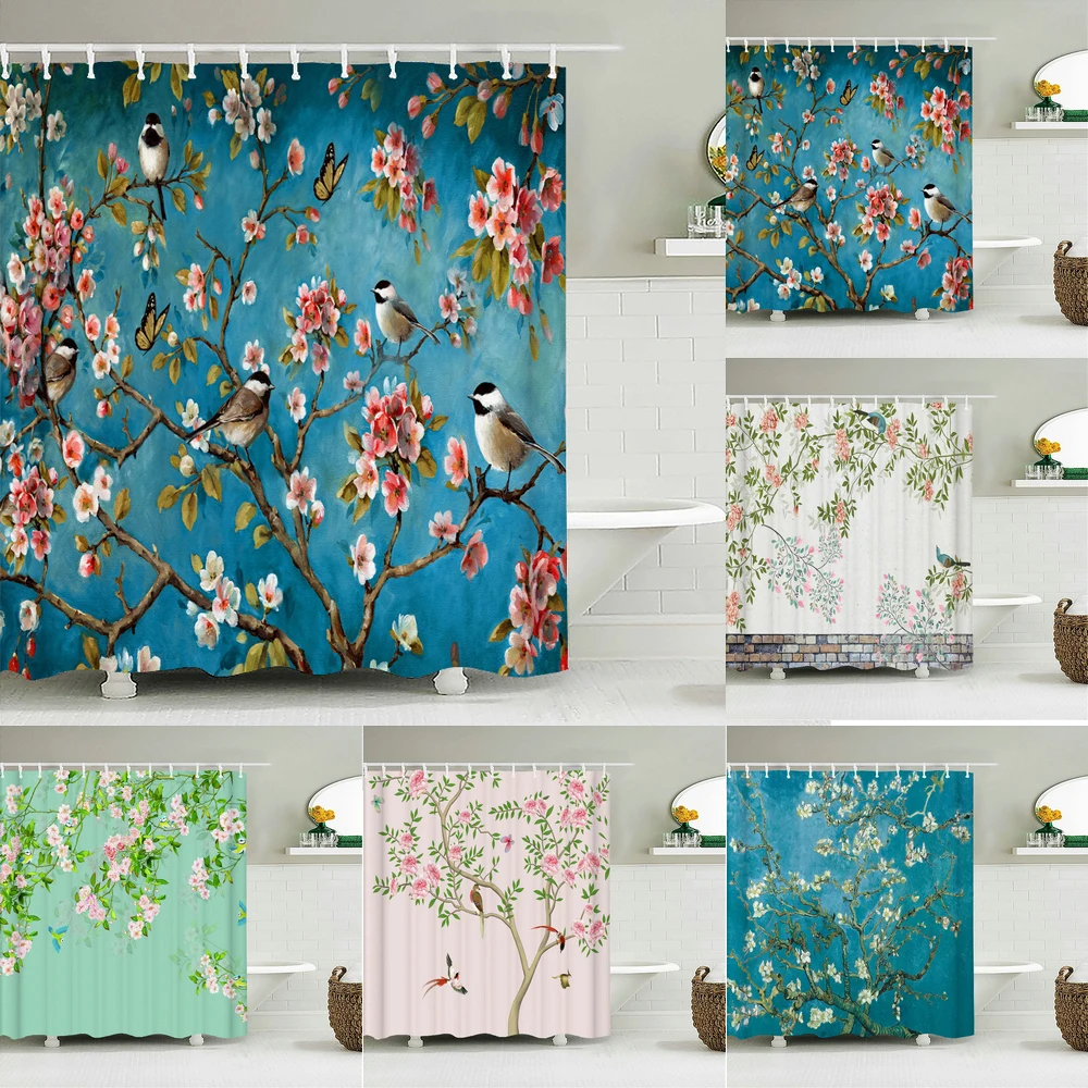 

Chinese Birds Gradient Shower Curtains for Bathroom Landscape Plants Green Waterproof Fabric Polyester Bath Decor 300 x 180cm