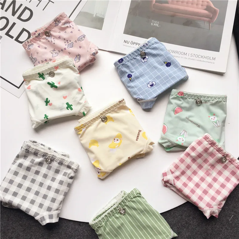 

27 Colors Ice Silk Printing Cute Students Low Waist Cartoon Plaid Women's New Underwear Lolita Fruit Animal Fashion Panties Bow