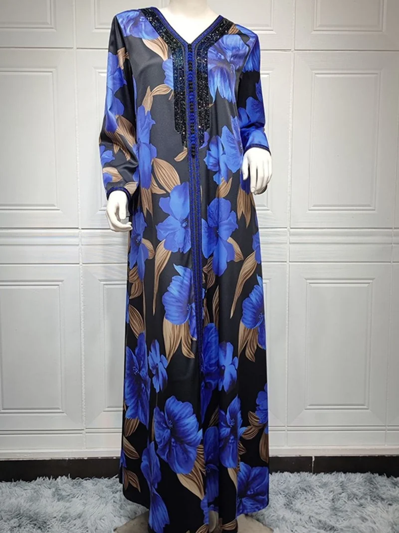 Jalabiya Muslim Dress Women Embroidery V Neck Full Sleeve Robes Spring Autumn Floral Print Islam Abayas Muslim Party Long Dress