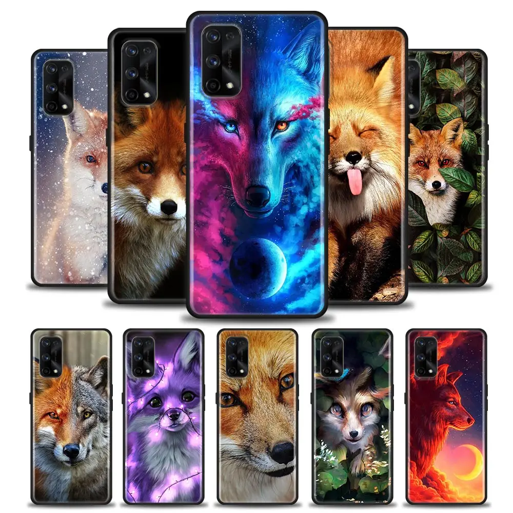 

For Realme 6pro Case For Realme 5 5i 5s 6i 6 7 7i 8 8i 9 9i 5g Pro Black Cases Soft TPU Cover Cute Fox Animal