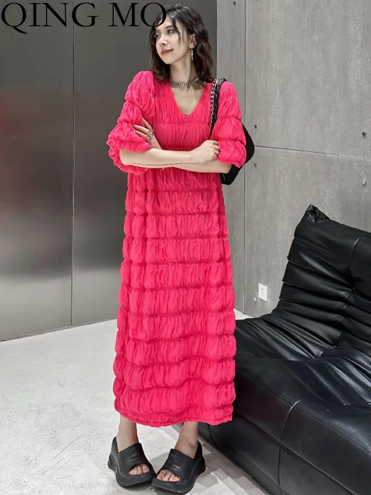 

QING MO Gentle Style Crease Craft V-neck Dress Women 2023 Summer New Fashion Age Reducing Short Sleeve Dress Black ZXF3227