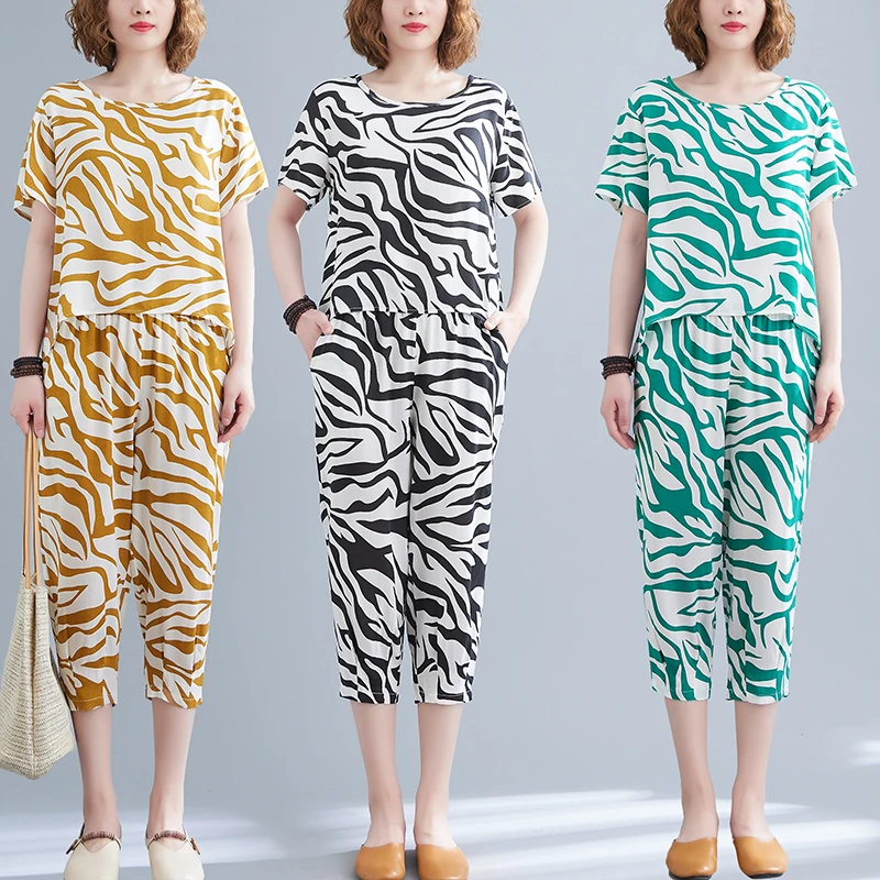 Летний свободный комплект из 2 предметов для женщин среднего возраста хлопковый