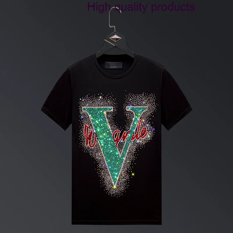 

Letter 2023 Rhinestones T Shirt Men Clothing Fashion Short Sleeve Streetwear O Neck Slim Mercerized Cotton Tshirts Plus Size 6XL