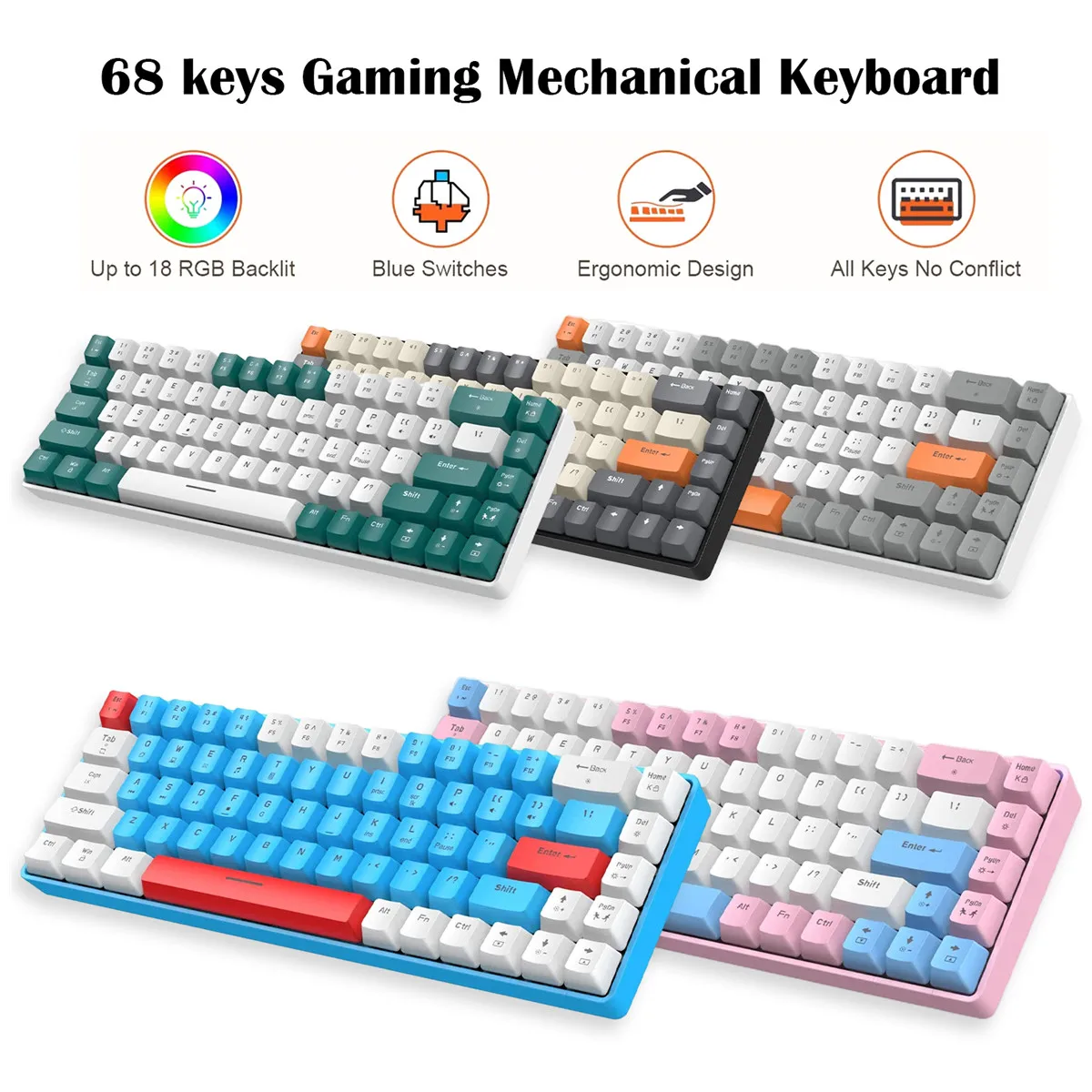 

Игровая Механическая Проводная клавиатура, 68 клавиш, синий переключатель, колпачки клавиш PBT ABS, RGB подсветка, USB Type-C, подключение к ПК, планшету, настольному ПК