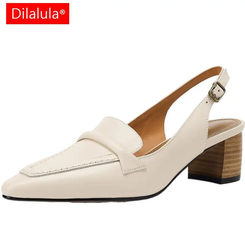 

Dilalula Vintage Women Sandals Spring Summer Pointed Toe Slingback Pumps Thick Heels Retro Style Office Lady Working Shoes Woman
