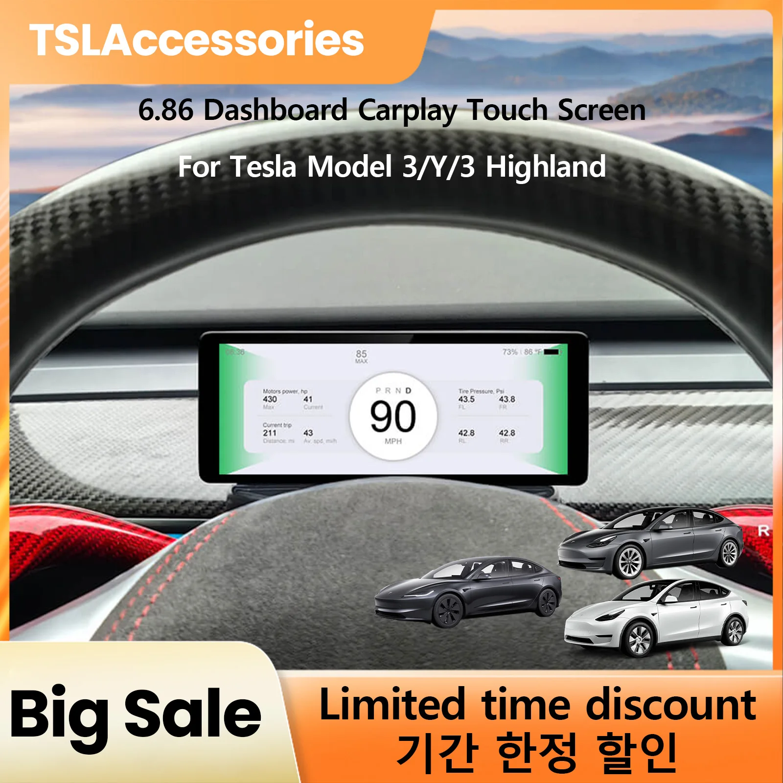 Фото TSLAccessories 6,86 ''приборная панель Carplay для Tesla Model 3 2017-2019 F68 сенсорный экран Smart HD дисплей автомобильный HUD приборная панель №1