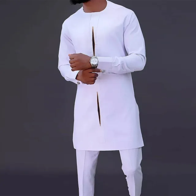 Men Dashiki Long Sleeve Shirt White Trouser Set Mens 2 Pieces Outfit Suit Traditional Male Clothes T-shirt Pant Suits For Men 2