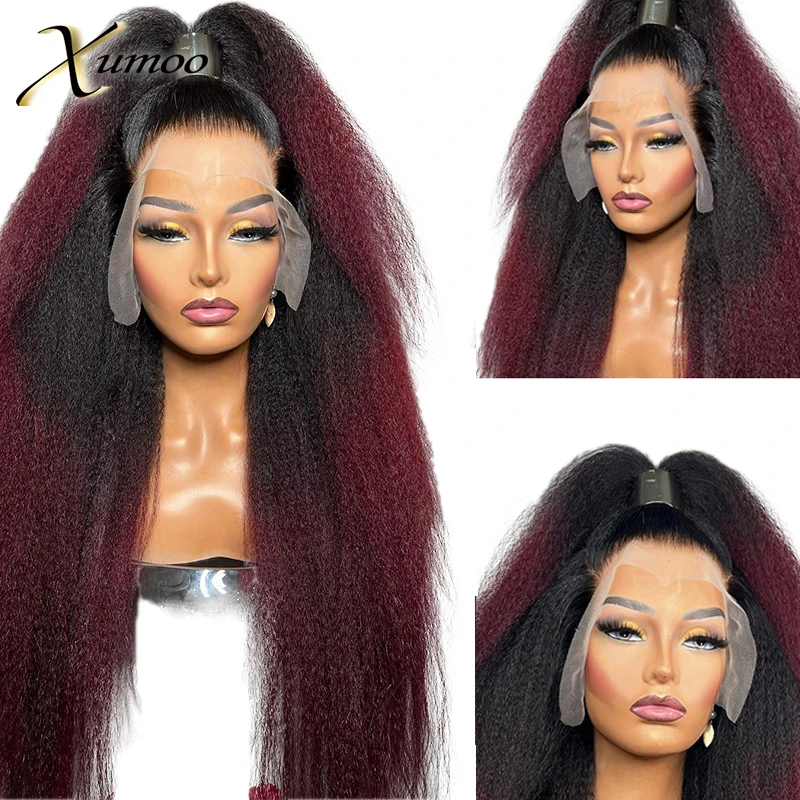 

99J Burbundy Ombre Red Color Yaki Kinky Straight 4x4 Closure Frontal 13x4 Glueless Lace Front Human Hair Wigs For Women Prepluck