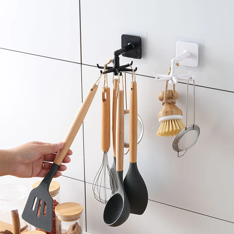 

Rotary Storage Rack Hook Kitchen Utensils Six Claw Storage Rack Organization Tools Folding Towel Hook No Punching 360 Rotation