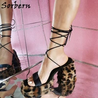 Sorbern Leopard Fur Sandals Women Strappy Low Block Heels On-Strap Slingback Ins Shoe Comfortable Multi Colors