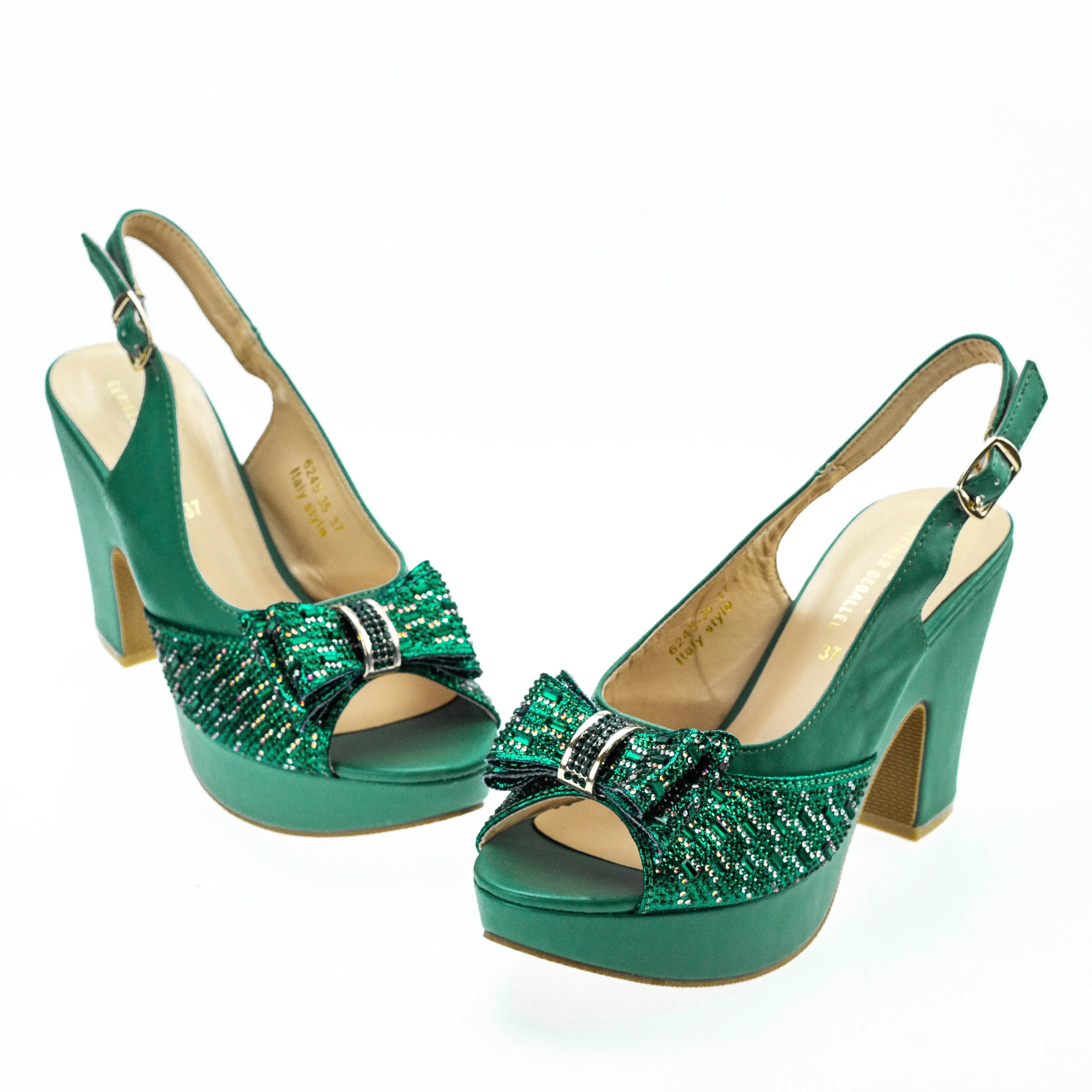 Green Wed Shoes for Bride Bridal High Pumps Heeled Sandals Fashion Designer Shoes Bling Bling Platform Glitter Wed Square Heels