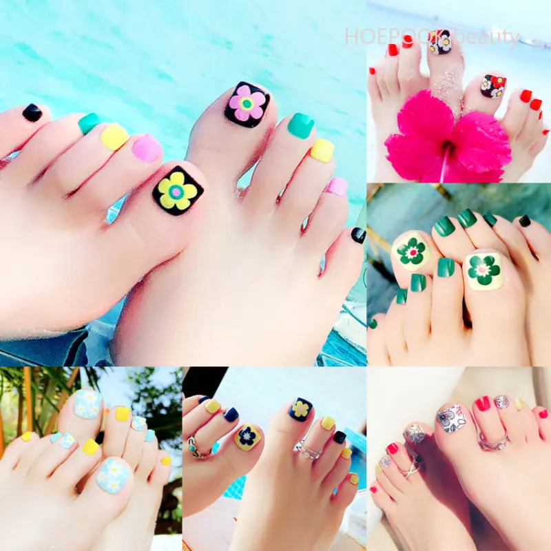 

24pcs Colorful Seaside Seamless Removable Fake Toe Nails Finished Reusable False Toenails Set Fashion Press On Nail With Designs