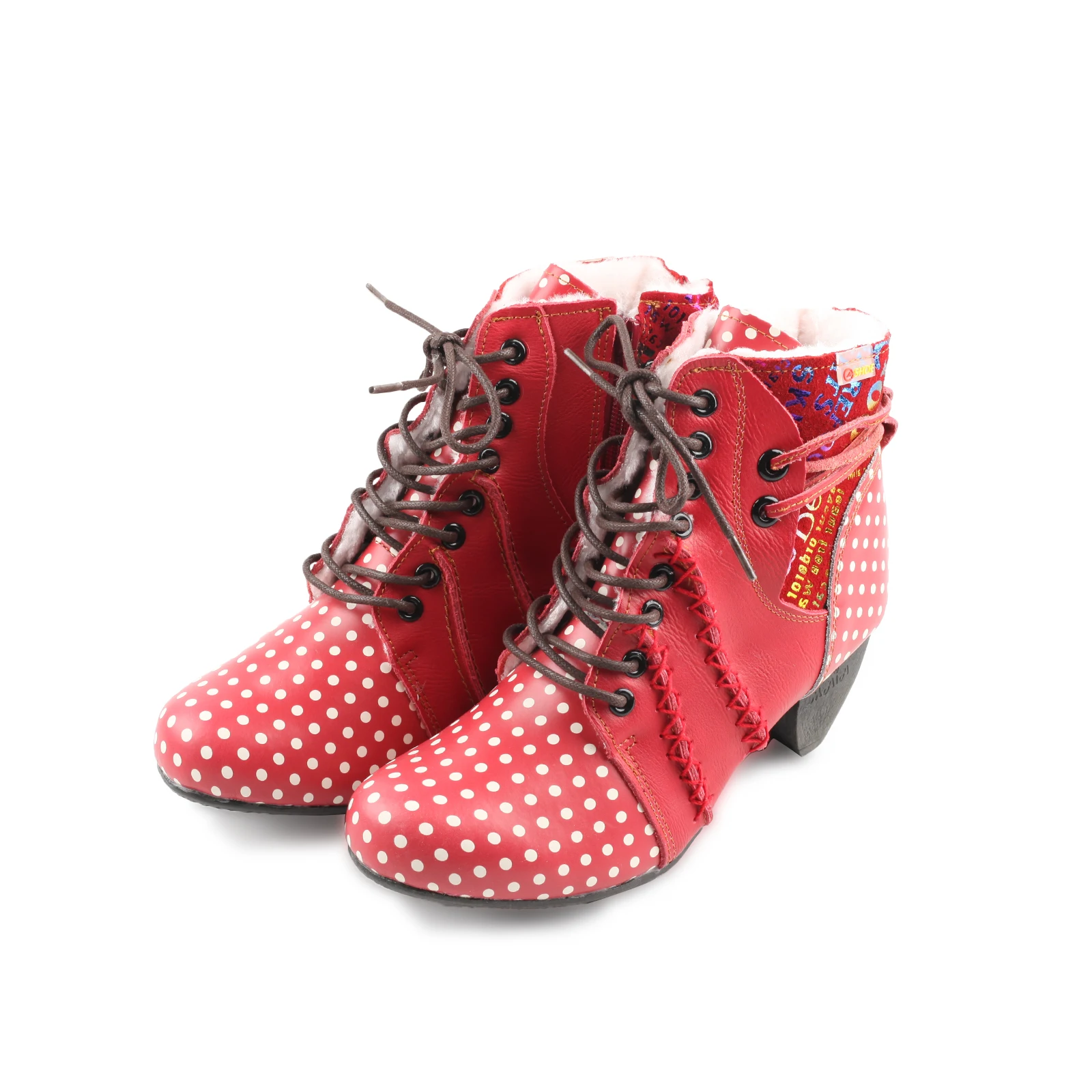 

SHOELANDER Winter Polka Dot Leather Women Boots with Warm Faux Fur lining and Moccasin Hand Stitching Fleece Version