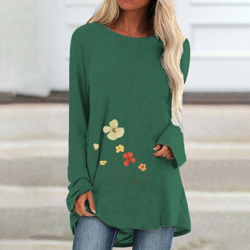 

New Fashion Irregular Hem T-shirt For Women Floral Print Ladies Tops Long Sleeve Round Neck Loose Casual T-shirt For Ladies New