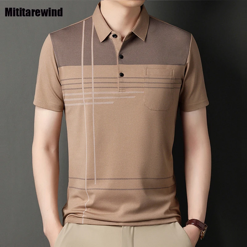 

Summer Business Casual Tees Striped Printed Polo Shirts for Men Simple Thin Short Sleeve Tops Middle-aged Mens Fashion Tshirt