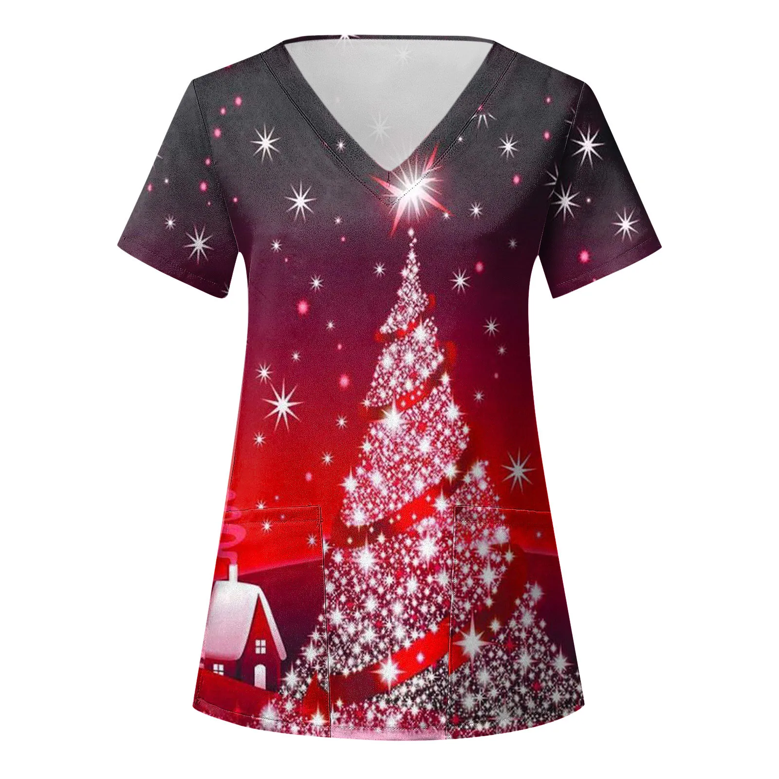 

2022 New Santa Print Christmas Scrubs Tops Women V-Neck Short Sleeve Uniforms Carer Work Pet Grooming Nurse Shirt Beauty Salon