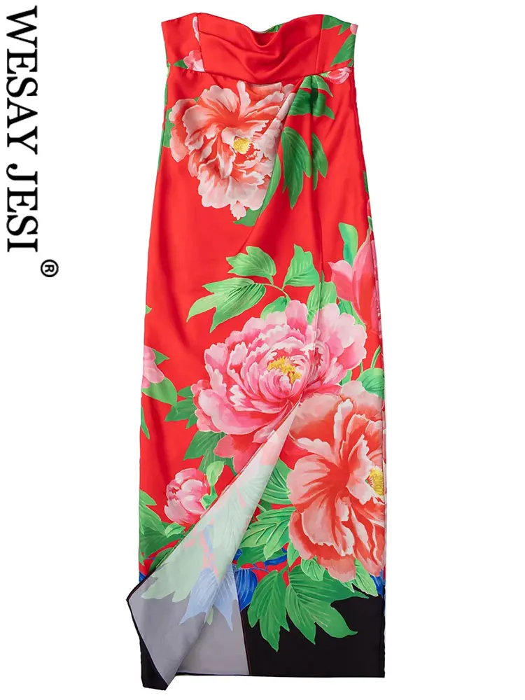 

WESAY JESI Chinese Storm Bright Red Peony Flower Print Side Zipper Lady Dress Elegant Village Temperament Retro Long Women Dress