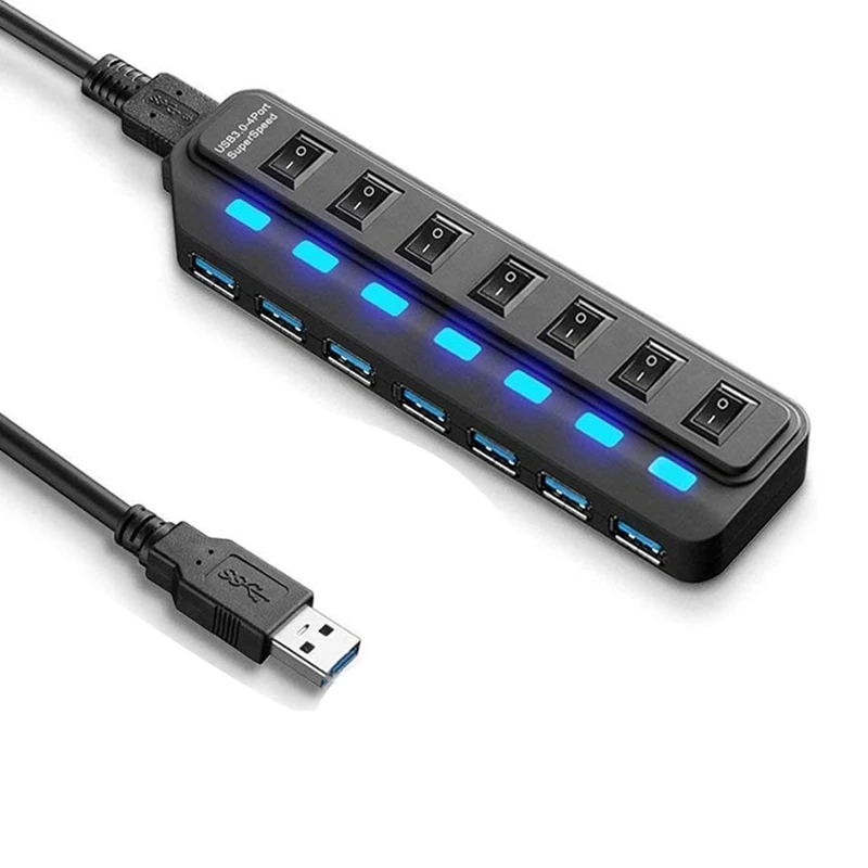 

USB 3.0 Hub, 7 Port USB Hub Splitter 5Gbps Highspeed Data USB Extension Data Splitter & Power Hub For PC Laptop Printer