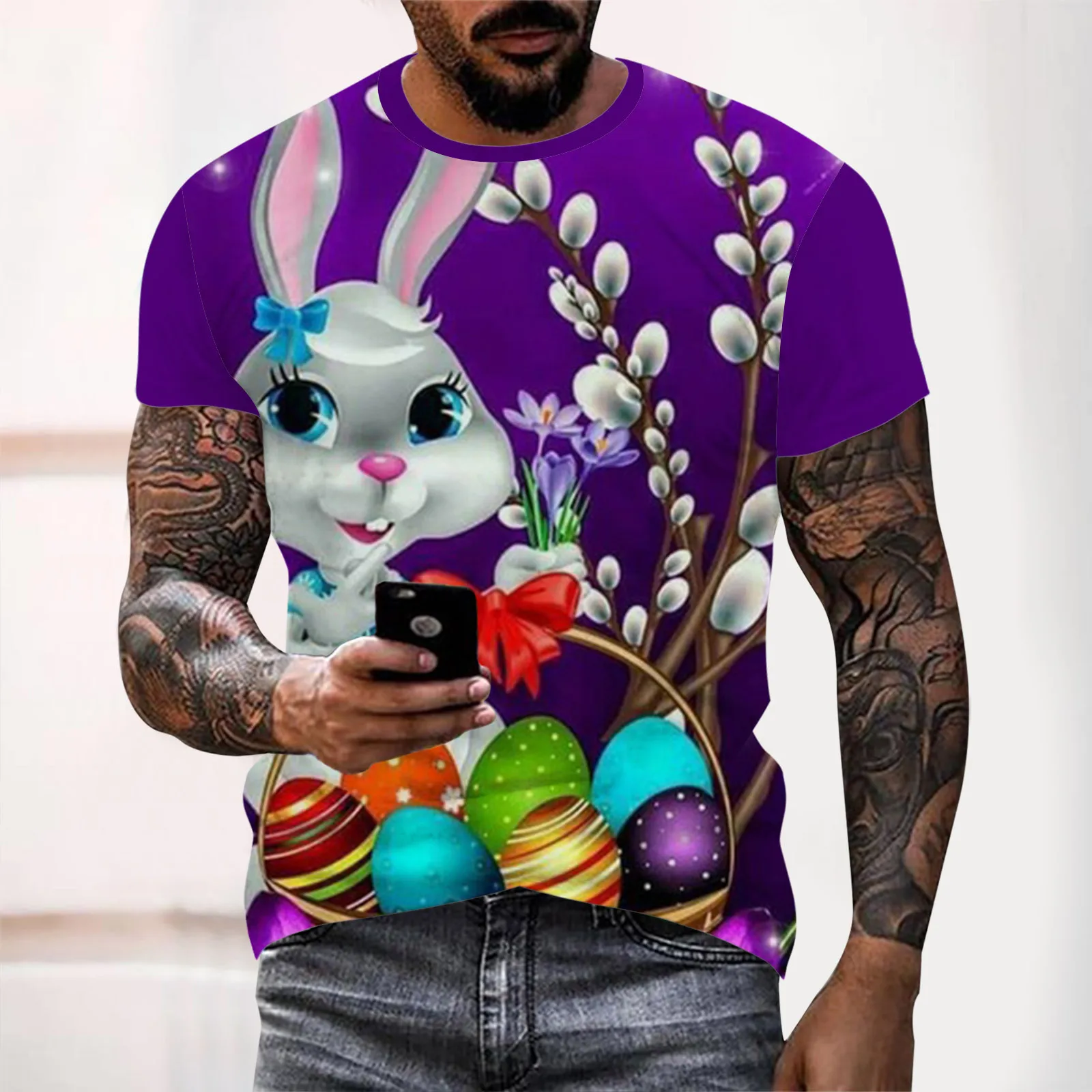 

Мужская хлопковая футболка с длинным рукавом, с принтом в виде Пасхальных Кроликов и яиц