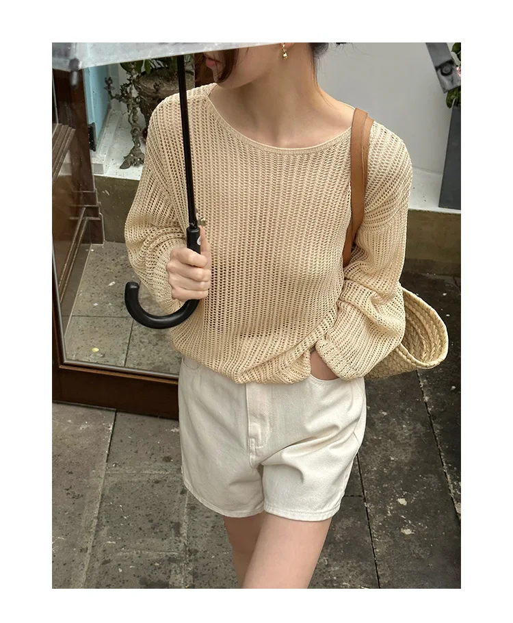 

Spring and summer women's casual solid color loose cut out knit shirt