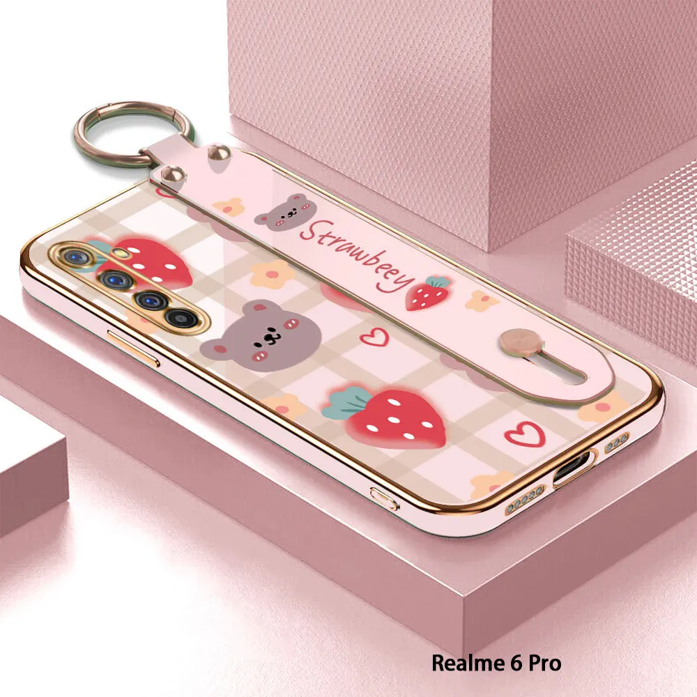 

(With Wristband) For Realme 6 Pro 6i 5 5S 5i 3 Strawberry Back Cover Case Luxury Plating TPU Phone Cases For Realme 5 Pro