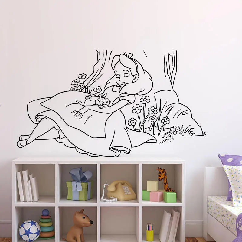 

Wall Sticker Vinyl Decal Alice In Wonderland Cartoon Rabbit Tea Time Cat Girl Nursery Bedroom Waterproof Decor Mural