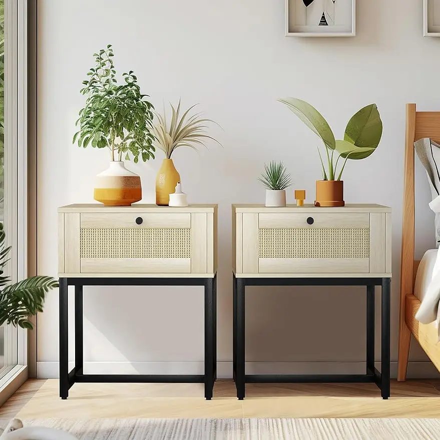 

Комплект из 2 тумбочек Lamerge, боковой столик из ротанга с выдвижным ящиком, фермерский столик с металлическими ножками