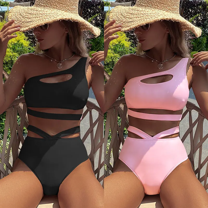 

New European and American Solid Color One-Shoulder Split Swimsuit for Women
