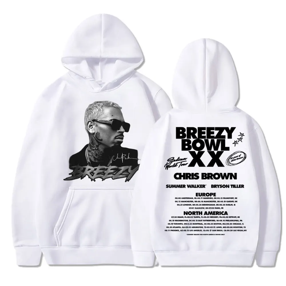 Фото Chris Brown Breezy Bowl XX 2025, толстовка с капюшоном для концертного тура в стиле хип-хоп, ретро, мужская и женская толстовка, флисовый теплый пуловер большого размера, уличная одежда №2