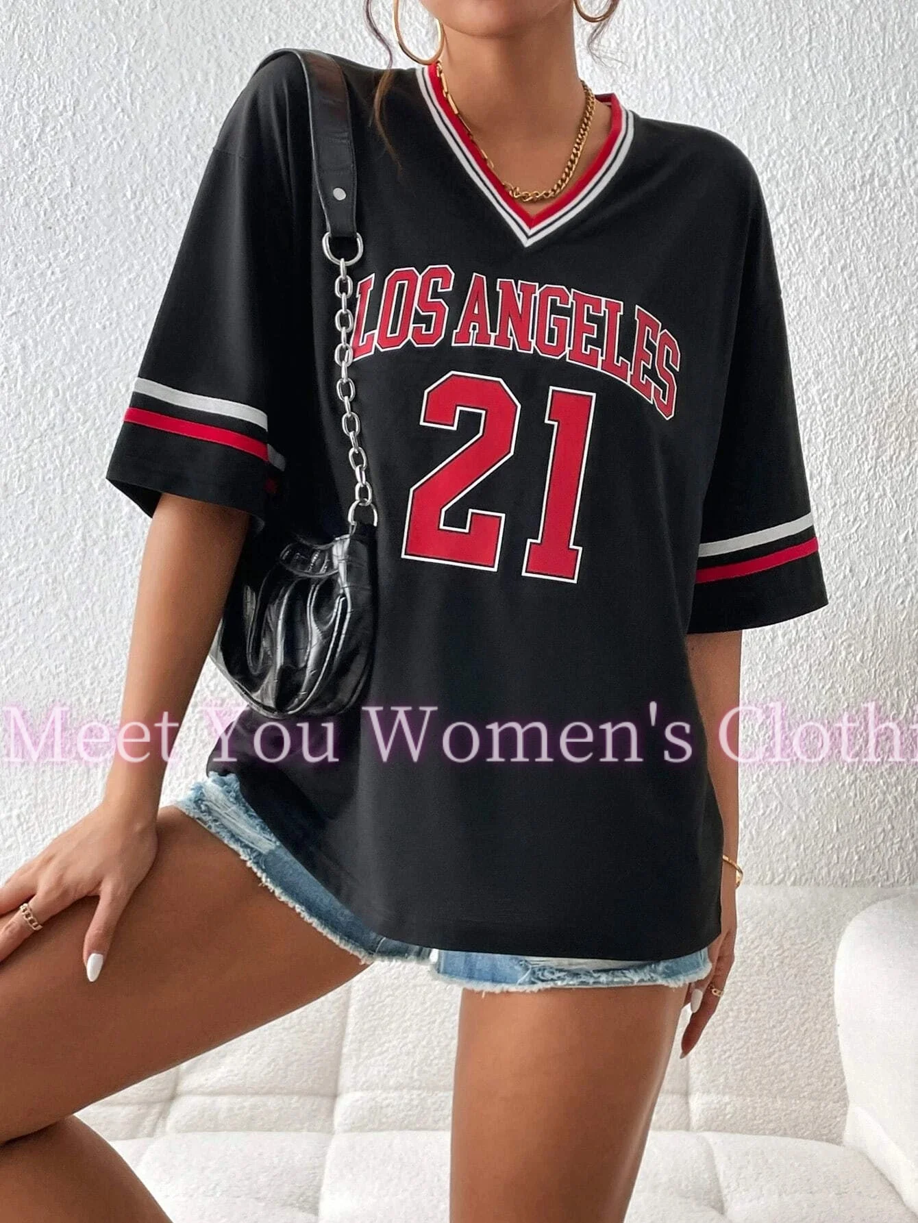 Женская футболка с v-образным вырезом и коротким рукавом принтом Лос-Анджелеса