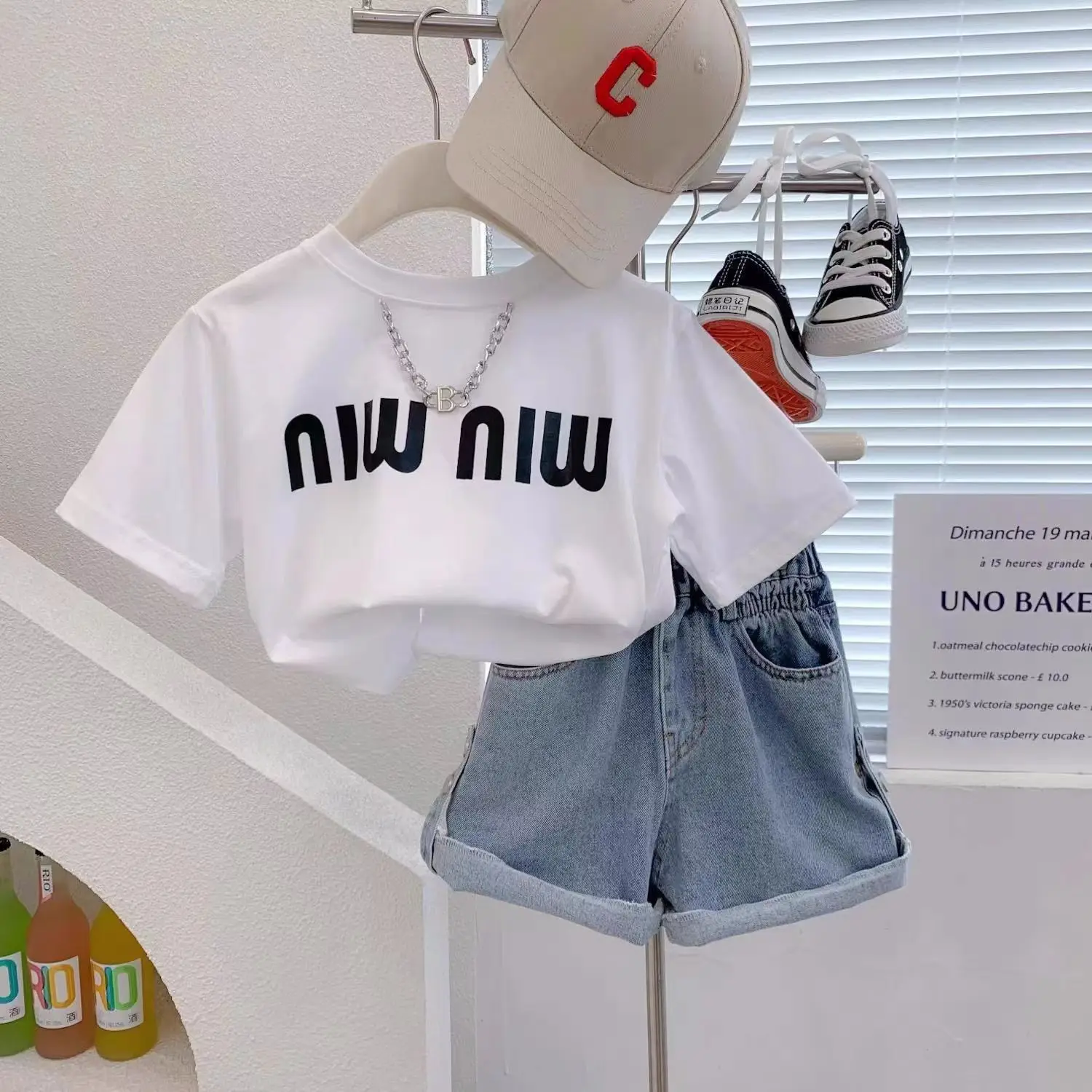 Korean Kids Girls Summer New Fashion Sweet Cool Foreign Style Casual Fashion Letter Printing Necklace Short Sleeve T-shirt