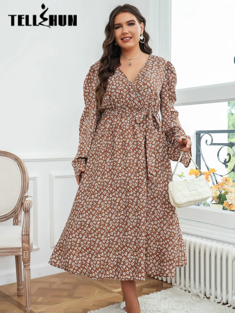 

Женское платье-макси с длинным рукавом, оборками и принтом