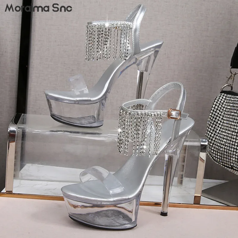 Rhinestone Chain Strap Sandals 15CM/20CM Super High Heel Platform Sandals Ankle Buckle Sexy Fashion High Heel Sandals