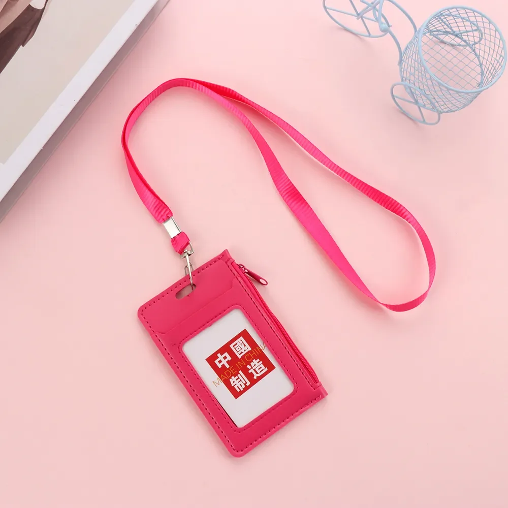 Badge Card Holder With Lanyard PU Leather Business Card Case Cover School Office Supplies Student Card Meal Card Case Pocket