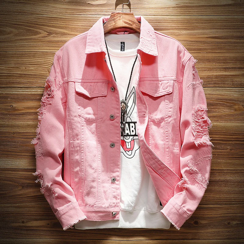 

Brand New Fashion Jacket Men Ripped Holes Pink Jean Jackets Garment Washed Mens Denim Coat