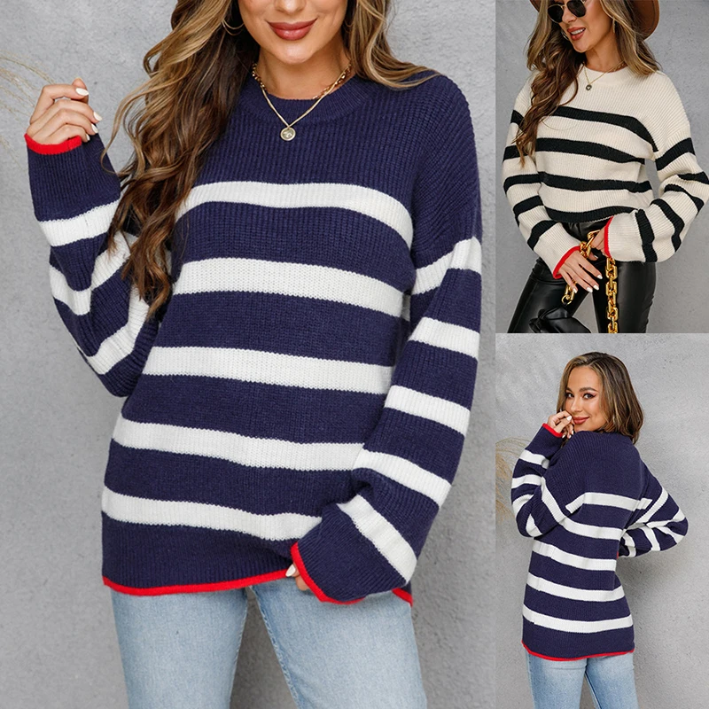 

Lucyever Autumn Winter Striped Sweater Pullover Women Loose Long Sleeve O Neck Casual Knit Sweaters Women Streetwear Jumper Tops