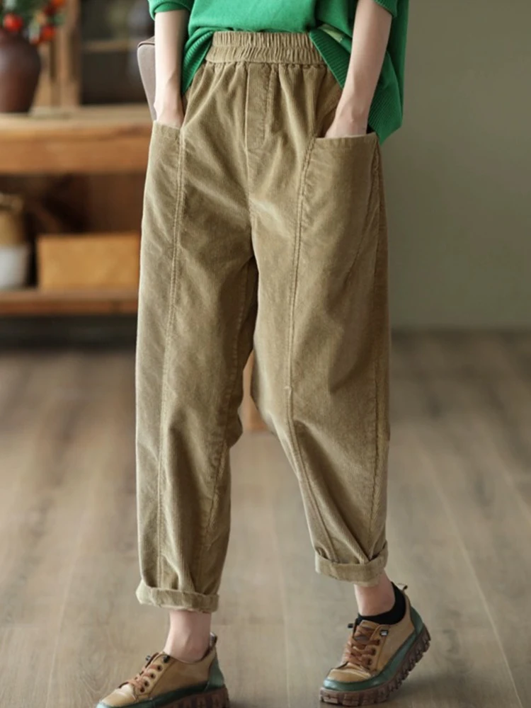 Plus Size Artistic Retro Casual Pants Women 2024 New Autumn and Winter Fleece-lined Thickened Loose Slimming Corduroy Corduro...