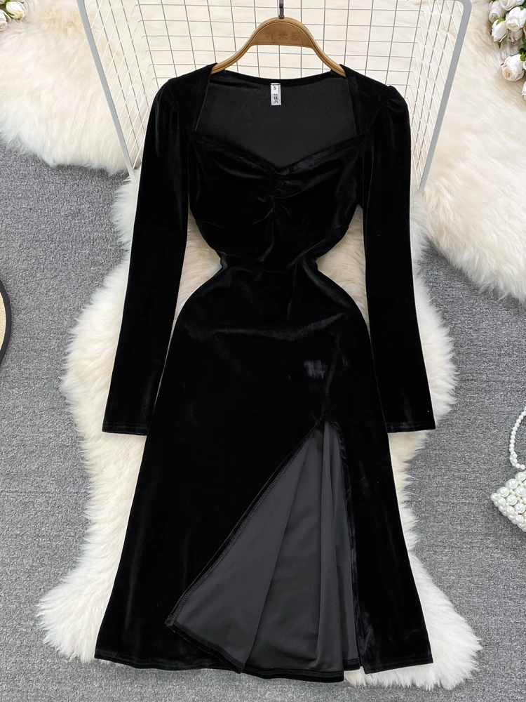 

Aibeautyer New Casual Spring Autumn Chiffon Pullover Mid-Calf Women Dresses A Line Square Collar Solid Slim Full Lady Dress