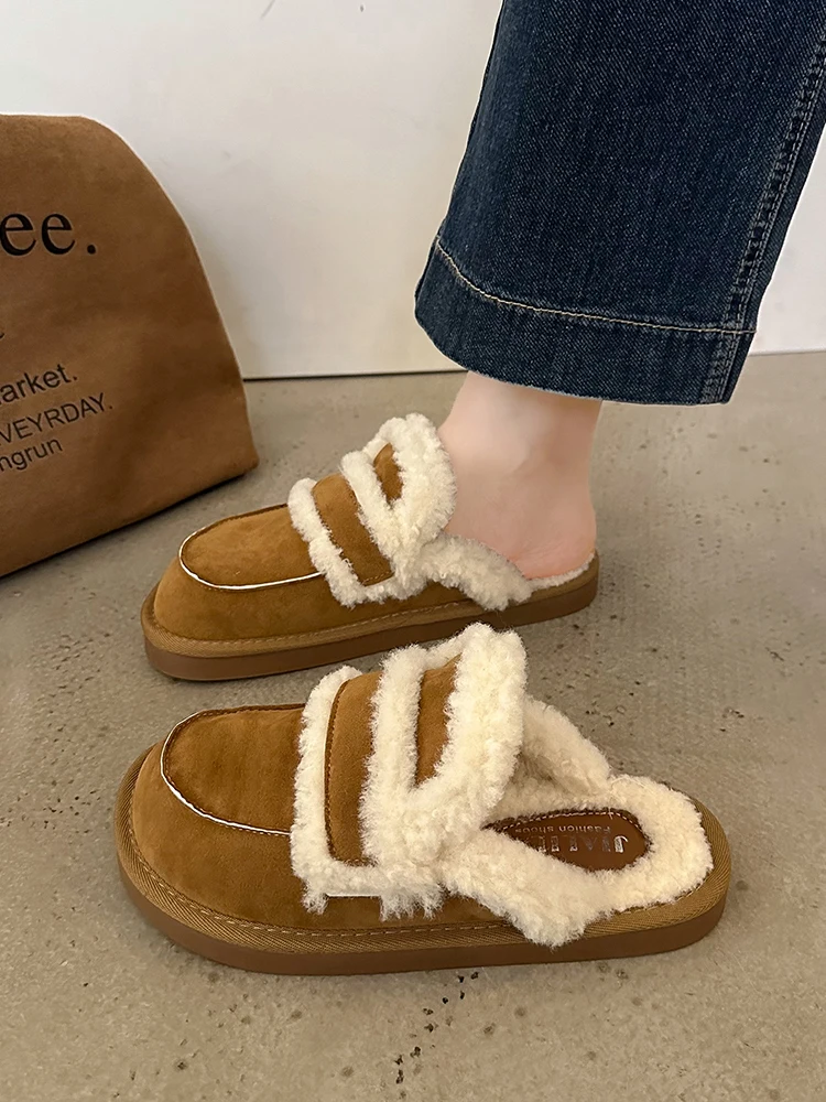 

Shoes Woman 2023 Female Slippers Low Platform Fur Flip Flops Loafers Cover Toe New Plush Flat Cotton Fabric with fur Slides Basi