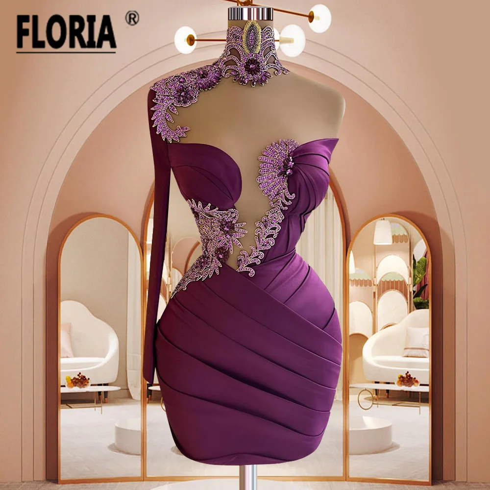 

Sexy Purple Cocktail Dress 2023 One Shoulder Mini Cocktail Gown Beaded Lace Appplique Short Formal Party Dress For Women 2023